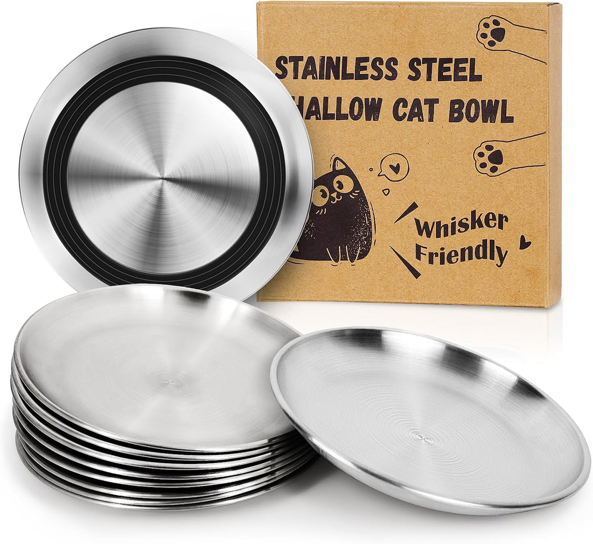 Supet Cat Plates Whisker Friendly, Non Slip Dish for Wet Food, Shallow Wide Flat Bowls Stainless Steel Metal for Indoor Cats, Kitten, Small Dog (13Oz, 4Pcs)