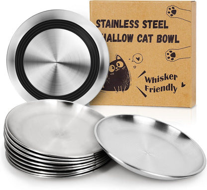Supet Cat Plates Whisker Friendly, Non Slip Dish for Wet Food, Shallow Wide Flat Bowls Stainless Steel Metal for Indoor Cats, Kitten, Small Dog (13Oz, 4Pcs)