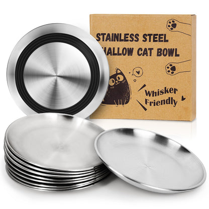 Supet Cat Plates Whisker Friendly, Non Slip Dish for Wet Food, Shallow Wide Flat Bowls Stainless Steel Metal for Indoor Cats, Kitten, Small Dog (13Oz, 4Pcs)