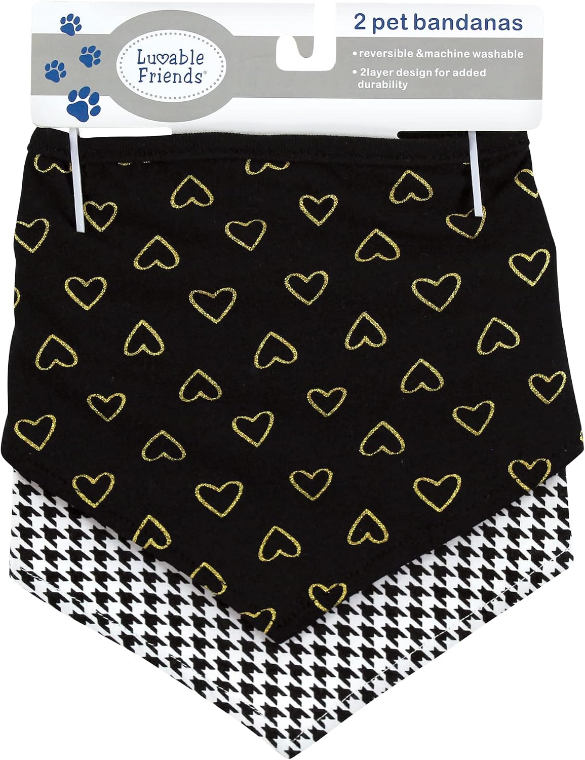 Luvable Friends Dog Reversible Pet Dog and Cat Bandana Bibs 2pk, Houndstooth Hearts, One Size