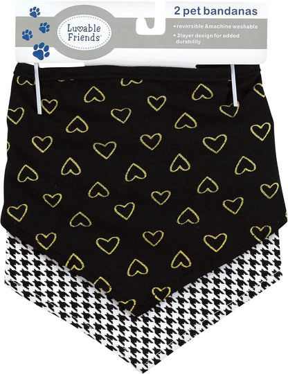 Luvable Friends Dog Reversible Pet Dog and Cat Bandana Bibs 2pk, Houndstooth Hearts, One Size