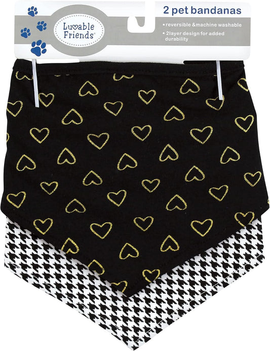 Luvable Friends Dog Reversible Pet Dog and Cat Bandana Bibs 2pk, Houndstooth Hearts, One Size