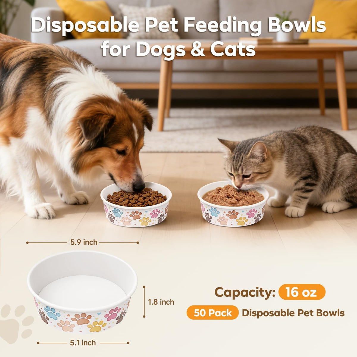 50Pack Disposable Dog Bowls, 16oz Paper Pet Bowls for Cats and Dogs
