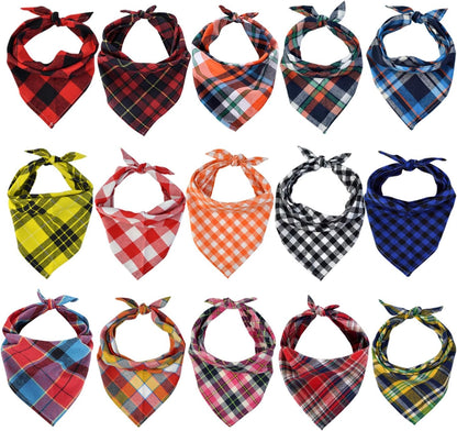 15pcs Dog Bandanas, Dog Scarf Kerchief Bibs Washable Girl Boy Dogs Bandanas Set Cotton Checkered Pet Bandana Outdoor Fall Accessories for Small Dogs Cat Pet