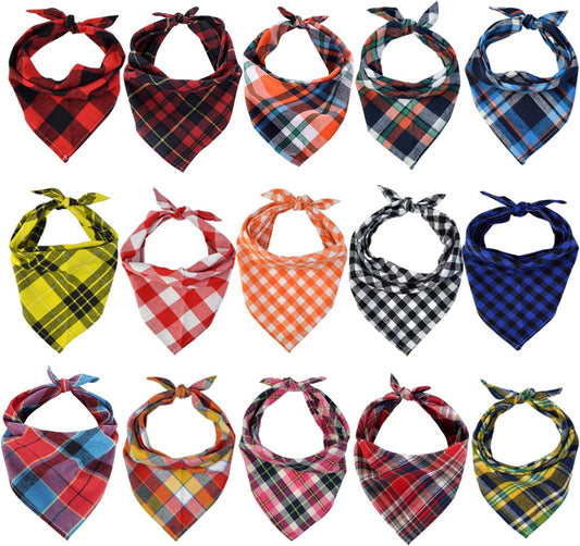 15pcs Dog Bandanas, Dog Scarf Kerchief Bibs Washable Girl Boy Dogs Bandanas Set Cotton Checkered Pet Bandana Outdoor Fall Accessories for Small Dogs Cat Pet