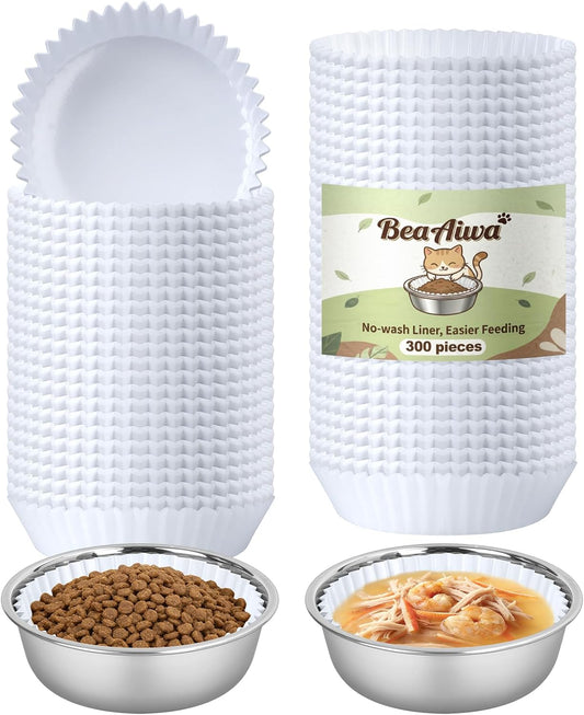 Cat Bowl Set (300 Disposable Pet Bowl Liners with 2 Stainless Steel Bowls)