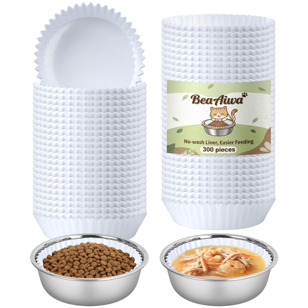 Cat Bowl Set (300 Disposable Pet Bowl Liners with 2 Stainless Steel Bowls)