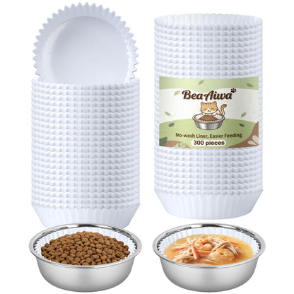 Cat Bowl Set (300 Disposable Pet Bowl Liners with 2 Stainless Steel Bowls)