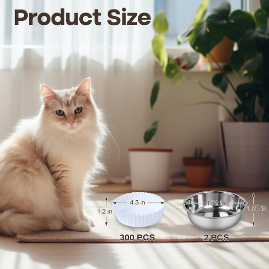 Cat Bowl Set (300 Disposable Pet Bowl Liners with 2 Stainless Steel Bowls)