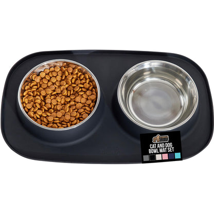 GORILLA GRIP Dog Bowl Set with Feeding Mat, 304 Stainless Steel, 2 Cup Gray