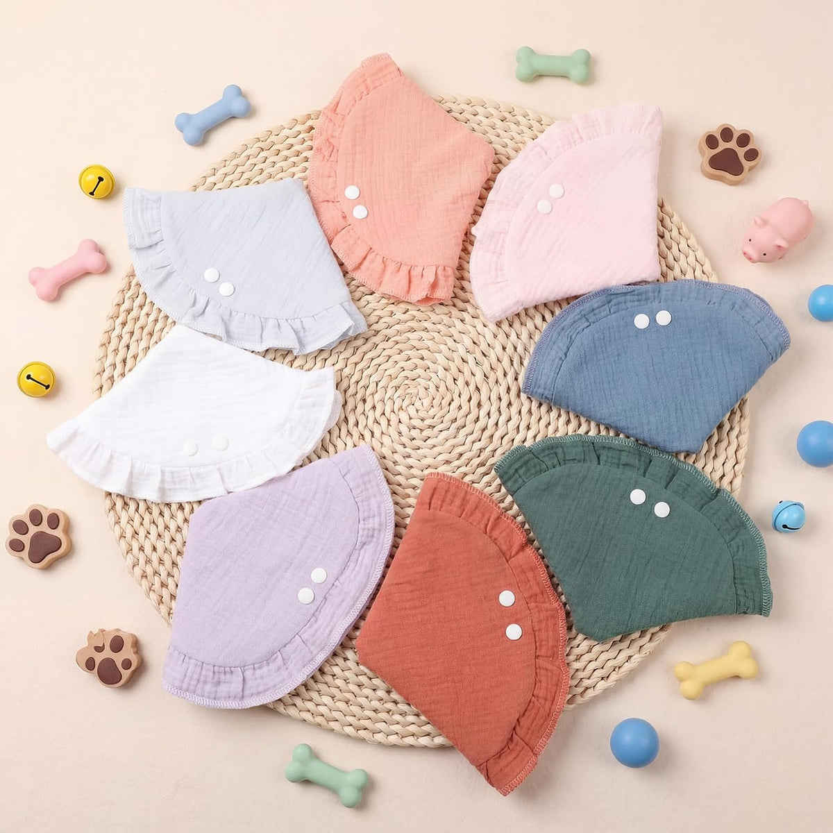 Shinylin 8 Pcs Muslin Cotton Square Bandanas Reversible Pet Bibs Scarf Pet Scarves with Two Snaps Apparel Accessories Kerchief for Small to Medium Puppy Cat (Fresh Color)