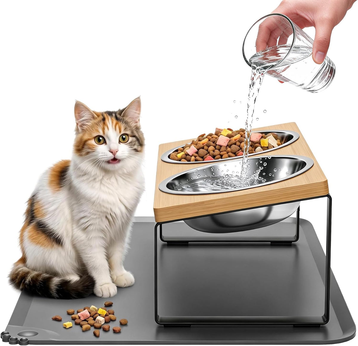 Elevated Tilted Cat Food Bowls with Mat, 304 Stainless Steel 2 Water Bowls