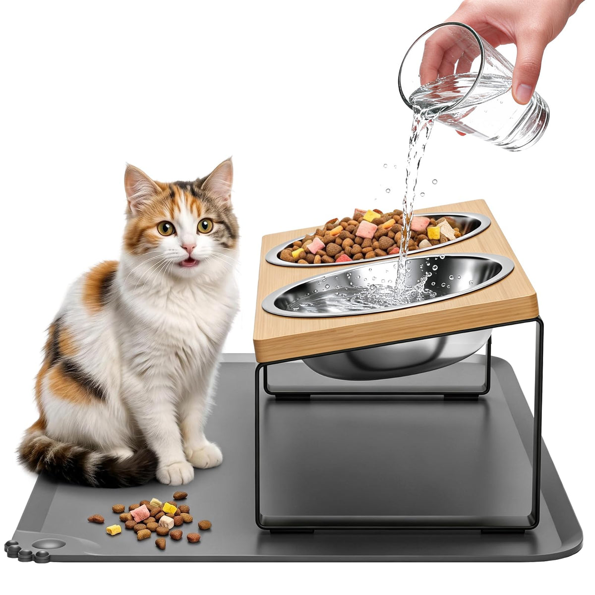 Elevated Tilted Cat Food Bowls with Mat, 304 Stainless Steel 2 Water Bowls