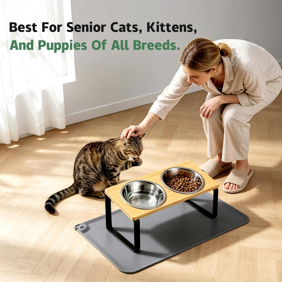 Elevated Tilted Cat Food Bowls with Mat, 304 Stainless Steel 2 Water Bowls