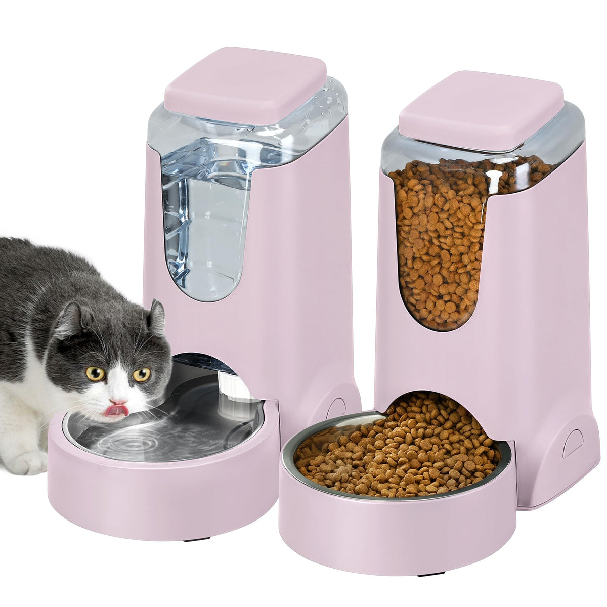 2 Pack Automatic Cat Feeder and Gravity Stainless Steel Water Dispenser, Dog Food Feeder and Waterer Set for Small Medium Puppy Kitten Pets (1 Gallon x 2, Gray)