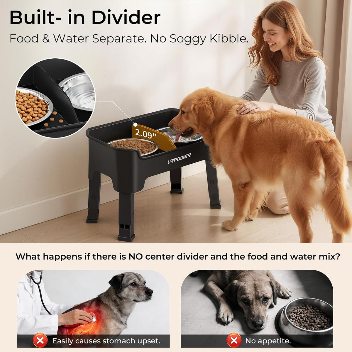 URPOWER Mess Proof Elevated Dog Bowls, Splash Guard Raised Bowl Stand