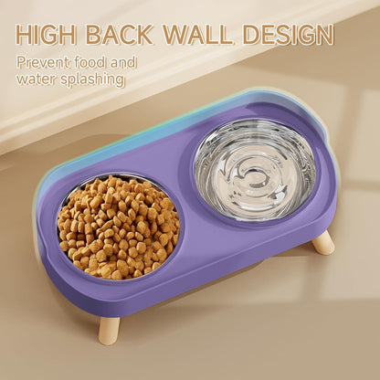 Elevated Cat Bowl, Raised Cat Food and Water Bowl Set for Indoor Cats, Splash Proof with 2 Stainless Steel Pet Food Bowls for Cats and Puppies, Whisker Fatigue and Dishwasher Safe - Purple