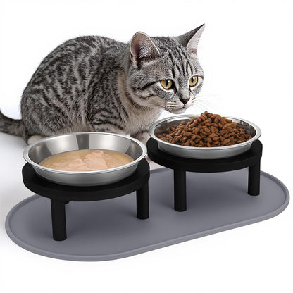 Elevated Cat Bowls with Food Mat,6.3 Inches Shallow Raised Bowls Whisker Friendly,2 Stainless Steel Cat Food and Water Dishes for Cats and Puppies,Dishwasher Safe