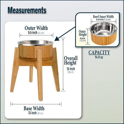 Dog Bowls Elevated for Large Dogs - 15-Inch Bamboo Stand - 74oz