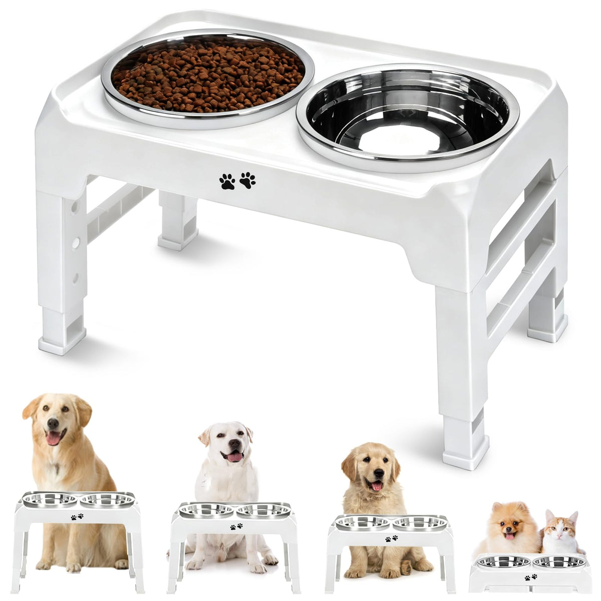 COMESOON Elevated Dog Bowls for Small Medium Dogs, 3 Height Adjustable Raised Stand with 2 Thick 6" Stainless Steel Food Bowls, Non-Slip Feeder Adjusts to 2.75", 6", 7.5", Black