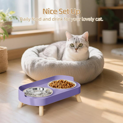 Elevated Cat Bowl, Raised Cat Food and Water Bowl Set for Indoor Cats, Splash Proof with 2 Stainless Steel Pet Food Bowls for Cats and Puppies, Whisker Fatigue and Dishwasher Safe - Purple