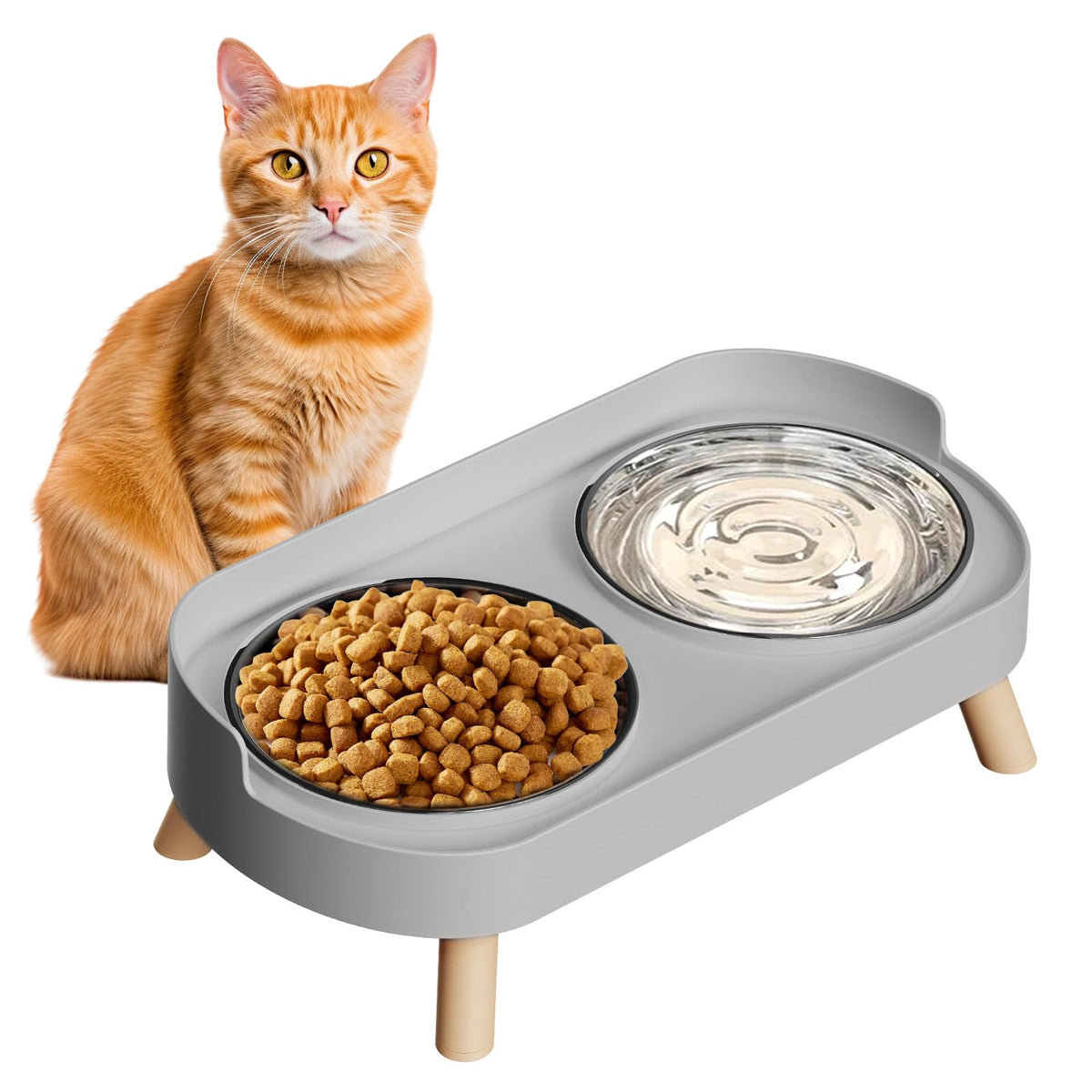 Elevated Cat Bowl, Raised Cat Food and Water Bowl Set for Indoor Cats, Splash Proof with 2 Stainless Steel Pet Food Bowls for Cats and Puppies, Whisker Fatigue and Dishwasher Safe - Purple