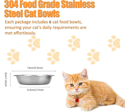6 Pcs Stainless Steel Cat Bowls, Metal Shallow Cat Bowls Whisker Friendly