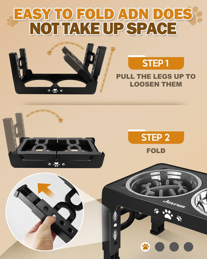 Jovrun Elevated Dog Bowls for Medium Large Size Dogs, Non-Slip Dog Feeder with 1*Stainless Steel Dishes & 1*Slow Feeder Bowl, 5 Heights Adjustable Raised Bowls to 3.15″-8.66″-9.84″-11.02″-12.2″
