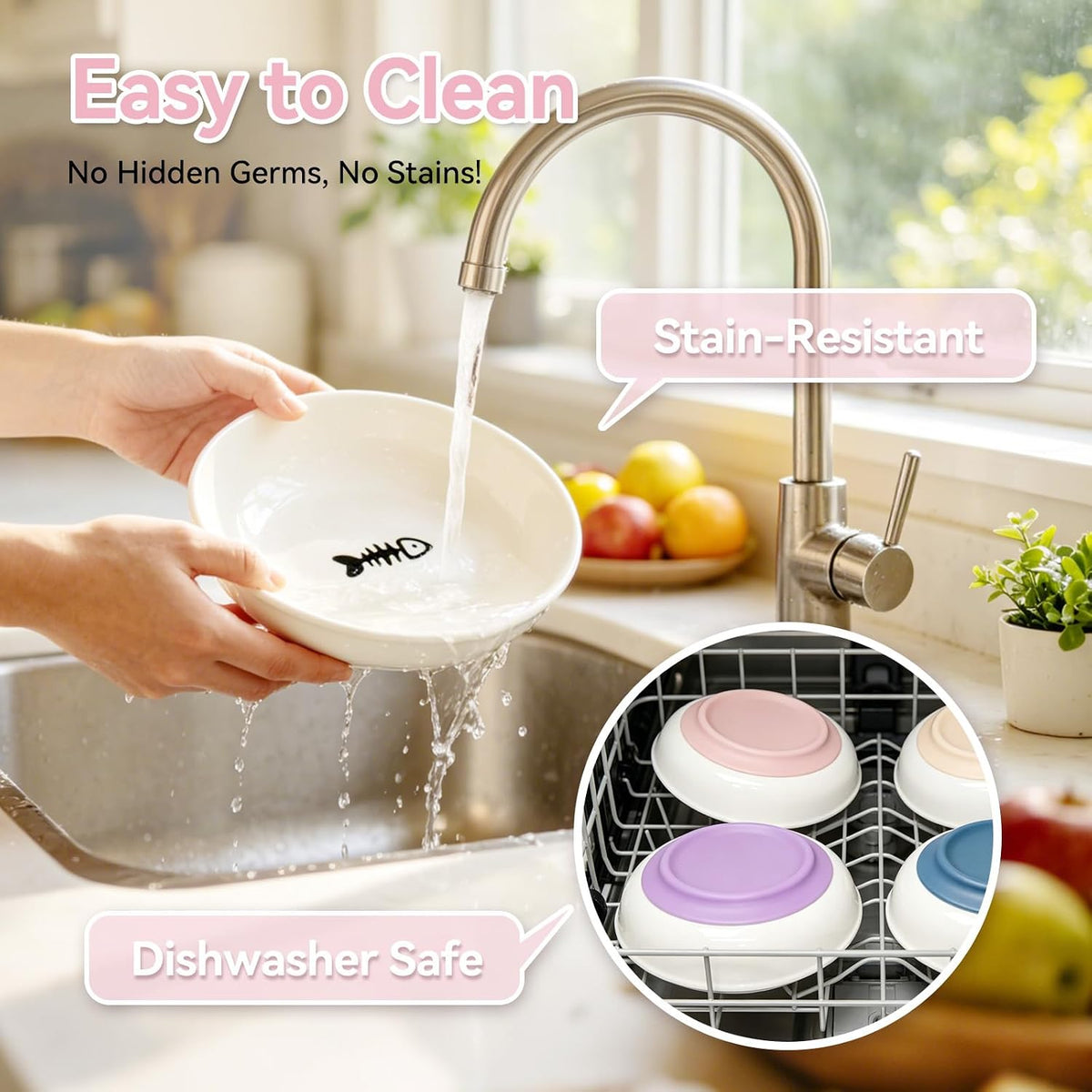 4 PCS Ceramic Cat Bowls with Silicone Base, Shallow Wide Cat Plates