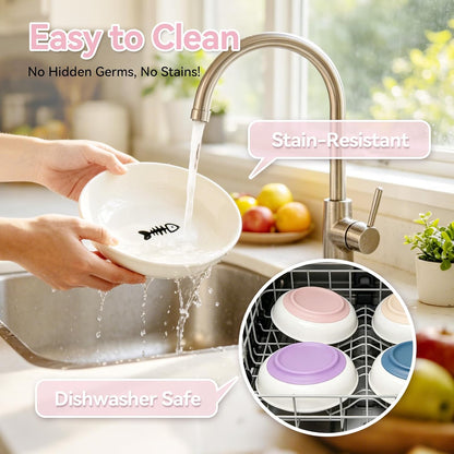 4 PCS Ceramic Cat Bowls with Silicone Base, Shallow Wide Cat Plates