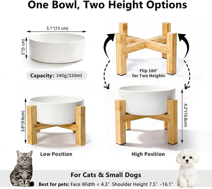 Cat Water Bowl - Elevated Cat Bowls | Ceramic Raised Cat Bowl with Adjustable Bamboo Stand | Anti Vomiting Cat Food Bowl for Indoor Cats, Kittens & Small Dogs | Dishwasher Safe | 5.1" Cat Dish| White