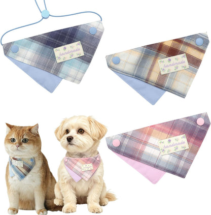 3-Pack Plaid Pet Bandana Bib for Cats and Small Dogs, Adjustable Neck
