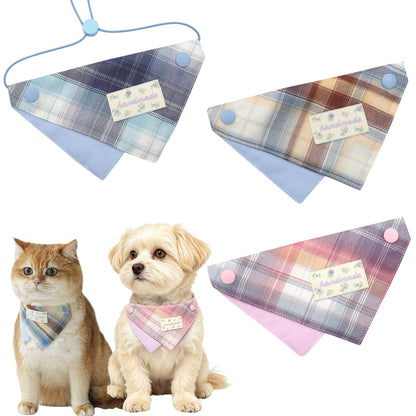 3-Pack Plaid Pet Bandana Bib for Cats and Small Dogs, Adjustable Neck