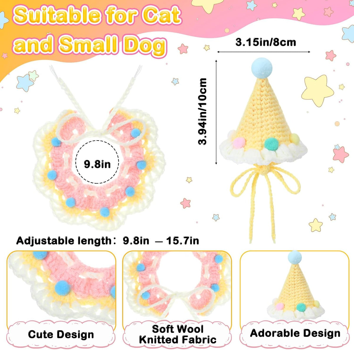 2 Pcs Cat Birthday Outfit, Birthday Hat, Knit Bib for Dog,Pet, Cream Yellow
