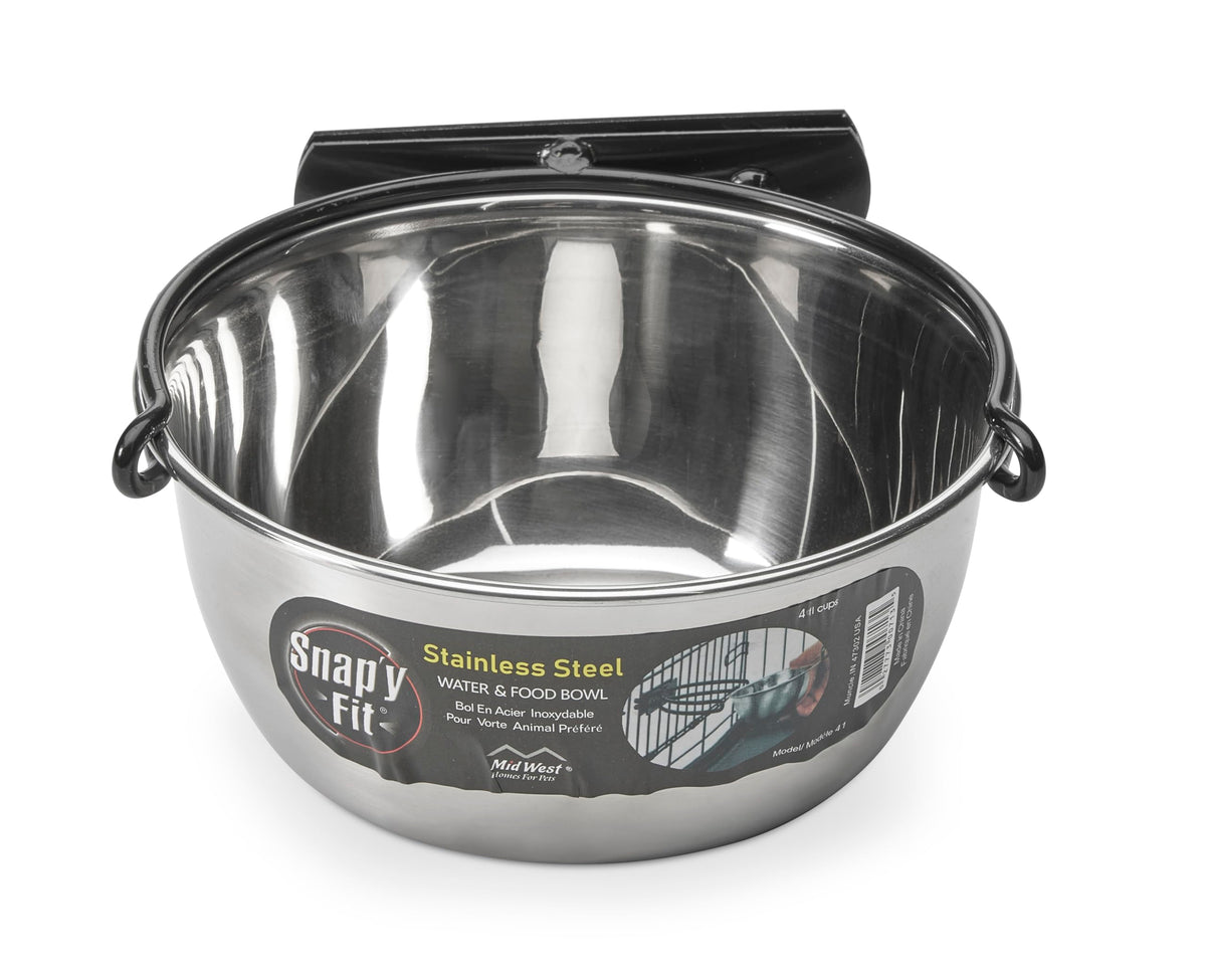 MidWest Homes for Pets Snap'y Fit Stainless Steel Food or Water Bowl, Holds 1 Quart, Mounts to Wire Crates, No-Tip Design, Rust-Resistant, for Dogs and Cats