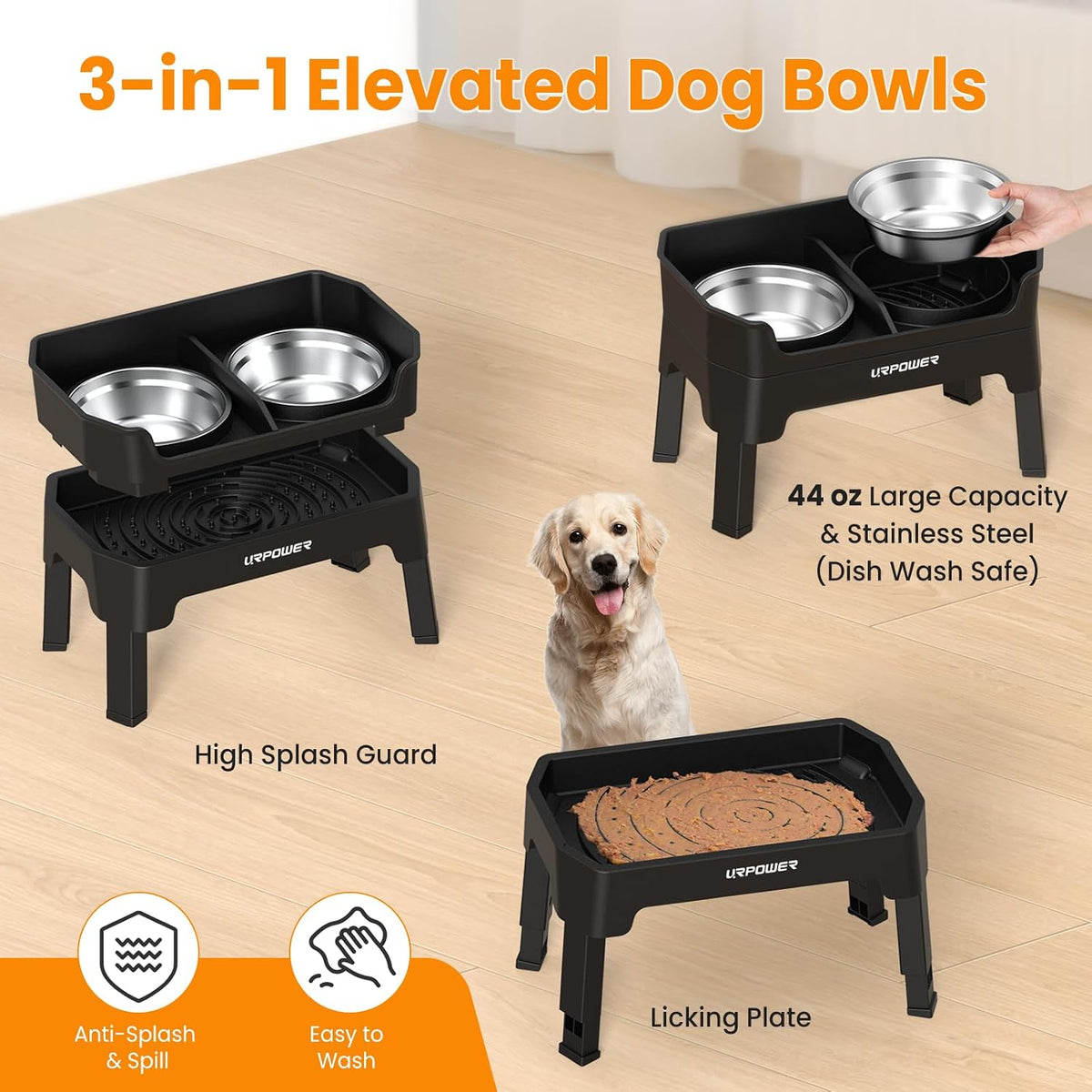 URPOWER Elevated Dog Bowls, 3-in-1 Double Deck Raised Dog Bowl Stand