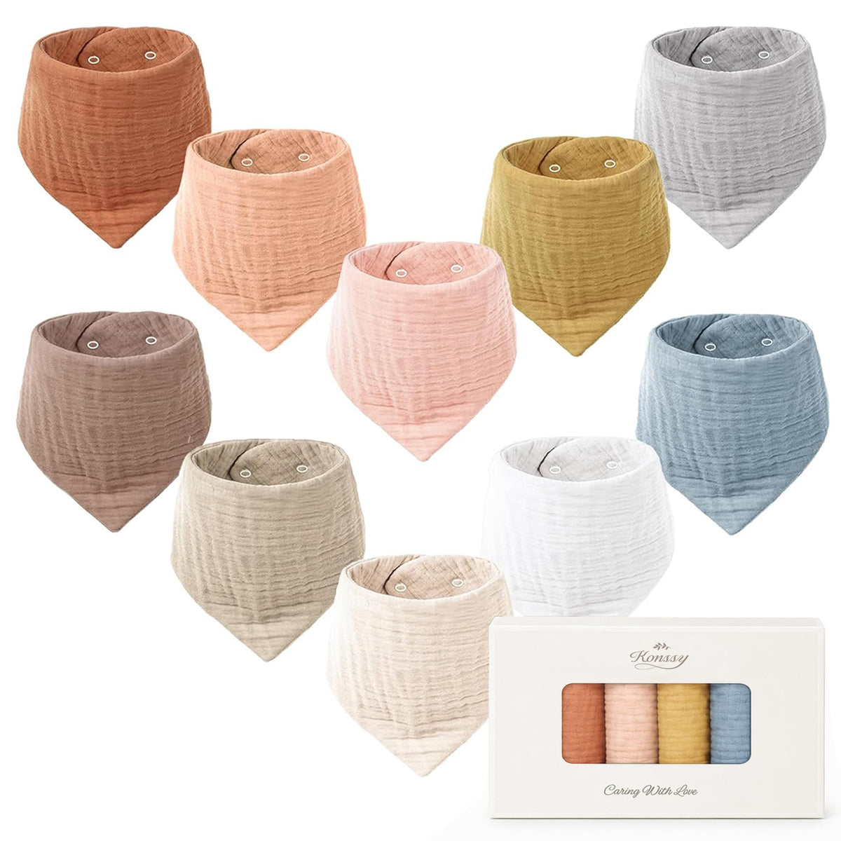 Konssy 10 Pack Baby Muslin Bandana Bibs for Drooling and Teething