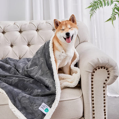 Qeils Dog & Cat Blankets - Waterproof Washable - Sherpa, Plus Plush Reversible, 25"X30", Grey Paw Print