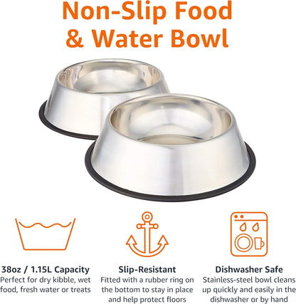 Amazon Basics Stainless Steel Non-Skid Dog Water And Food Bowls, Dishwasher Safe, Rust Resistant, 38oz Capacity, 10 x 2.8 Inches, 2-Pack