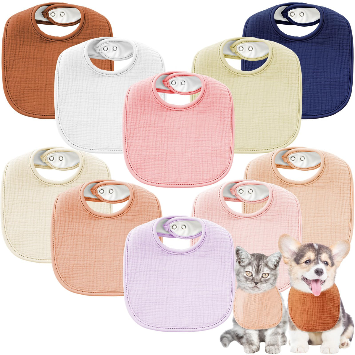 Shinylin 10 Pcs Muslin Cotton Square Dog Bandanas Reversible Pet Bibs Scarf Dog Scarves with Two Snaps Apparel Accessories Kerchief for Small to Medium Puppy Cat (Bright Color)