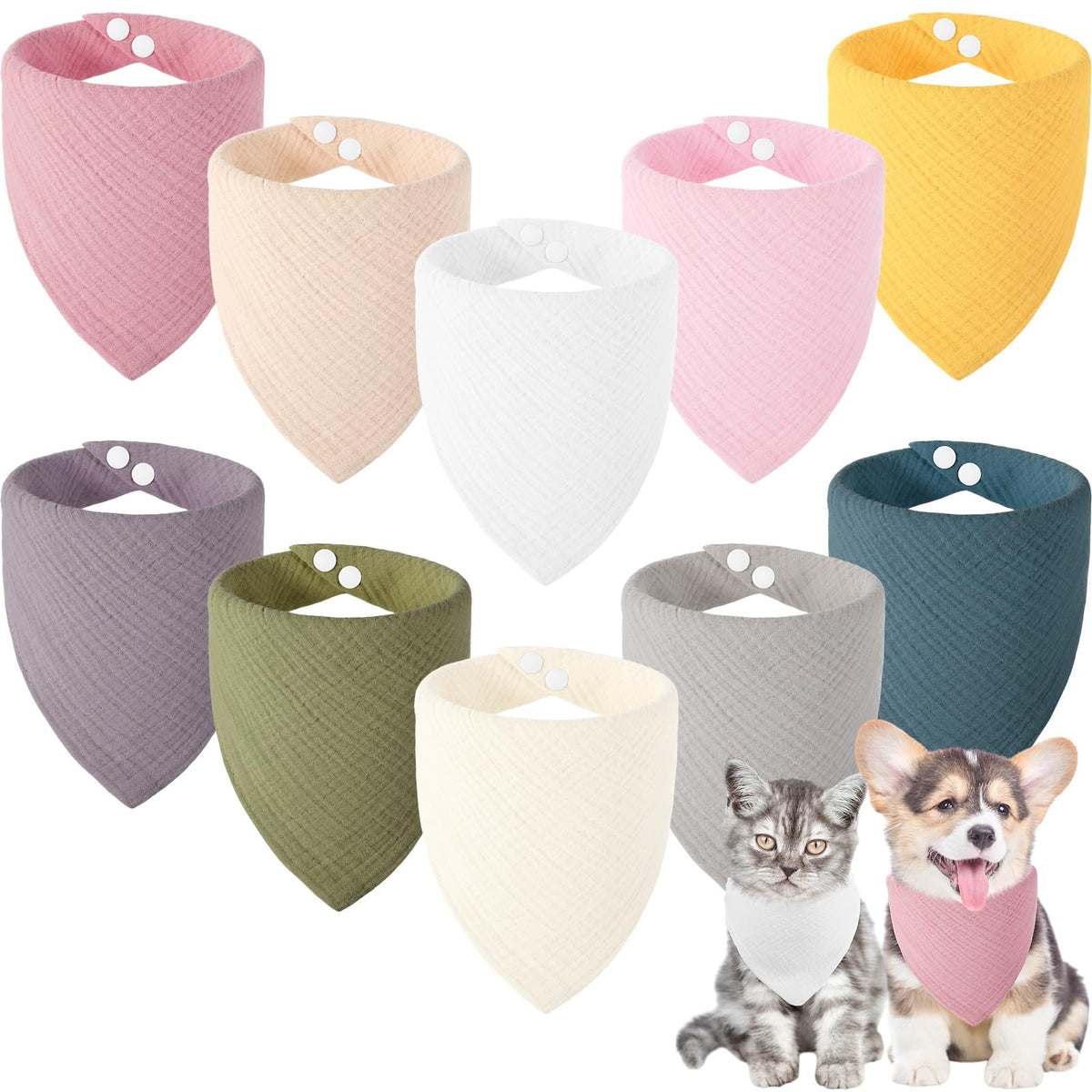 10 Pcs Muslin Cotton Triangle Dog Bandanas Reversible Pet Bibs Scarf Dog Scarves with Two Snaps Apparel Accessories Kerchief for Small to Medium Puppy Cat(Light & Bright Color)