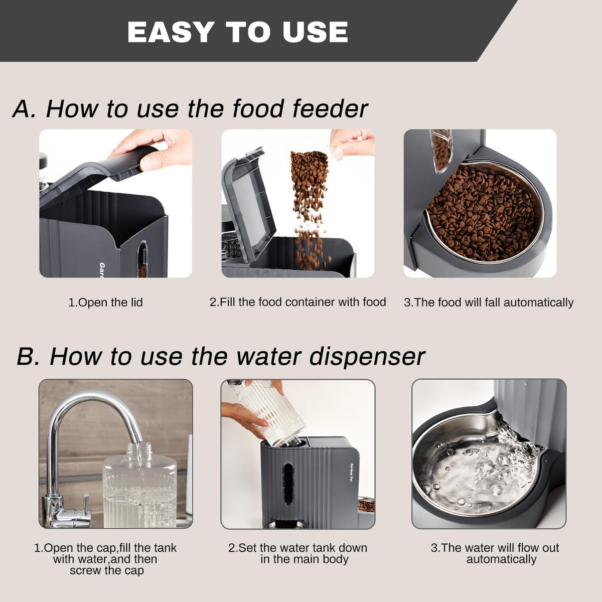Gravity Automatic Cat Feeder, Water & Food Dispenser Set, Stainless Bowls