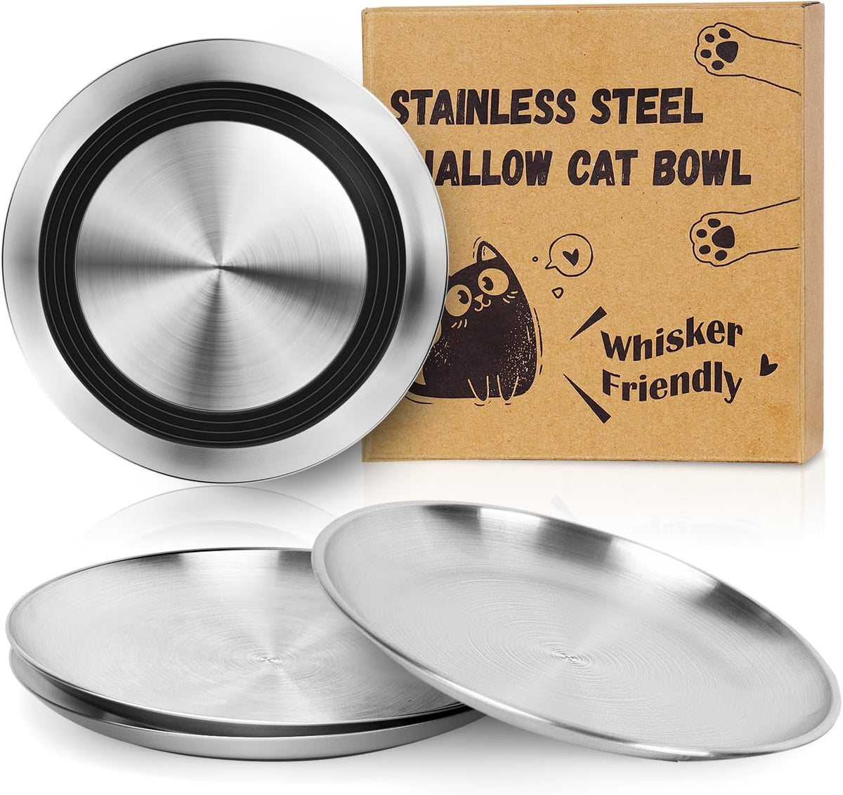 Supet Cat Plates Whisker Friendly, Non Slip Dish for Wet Food, Shallow Wide Flat Bowls Stainless Steel Metal for Indoor Cats, Kitten, Small Dog (13Oz, 4Pcs)