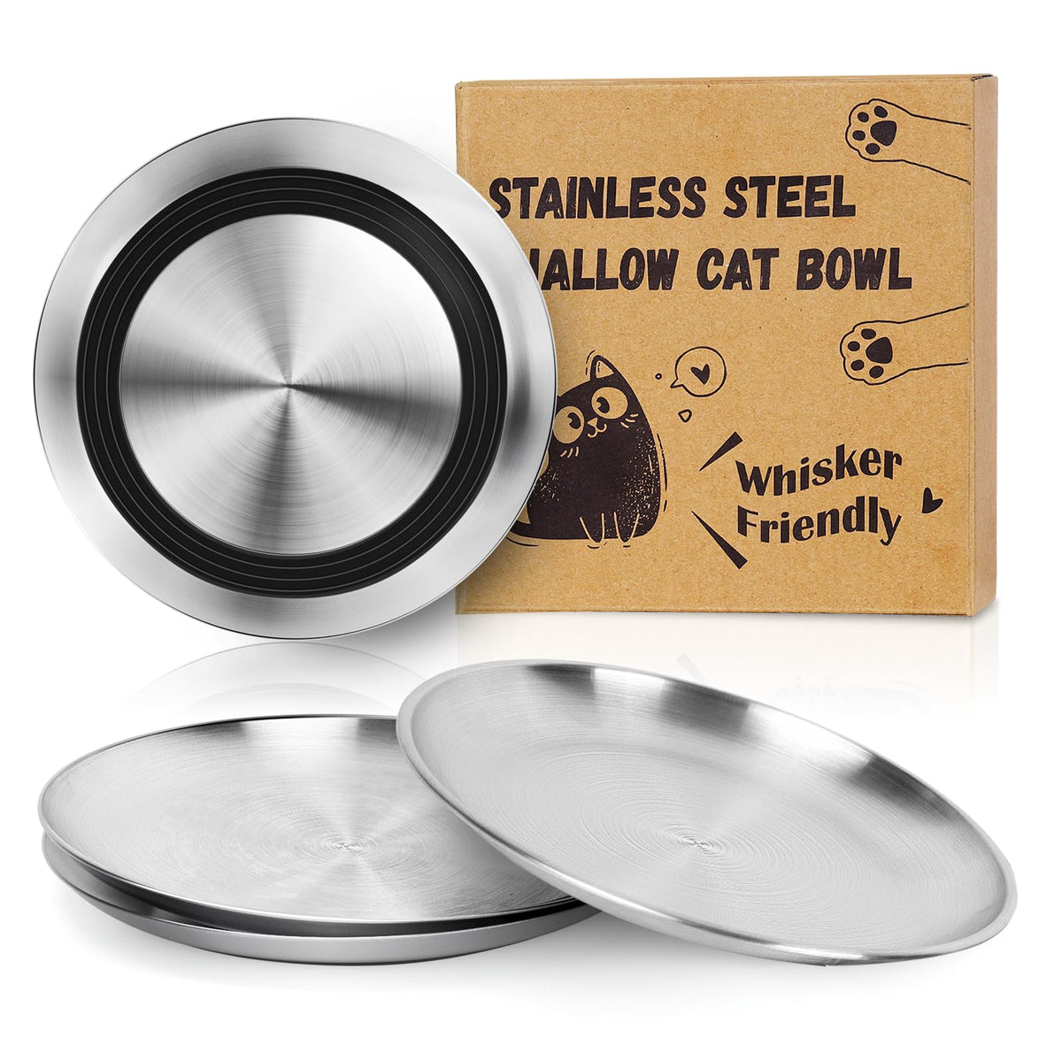 Supet Cat Plates Whisker Friendly, Non Slip Dish for Wet Food, Shallow Wide Flat Bowls Stainless Steel Metal for Indoor Cats, Kitten, Small Dog (13Oz, 4Pcs)