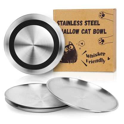 Supet Cat Plates Whisker Friendly, Non Slip Dish for Wet Food, Shallow Wide Flat Bowls Stainless Steel Metal for Indoor Cats, Kitten, Small Dog (13Oz, 4Pcs)