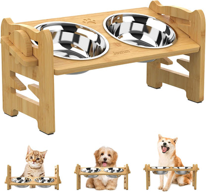 Jovrun Elevated Dog Bowls, Adjustable Raised Dog Bowl Stand for Small Size Dogs and Cats, 15°Tilted Elevated Cat Bowls, Durable Bamboo Dogs Feeder with 2 Stainless Steel Bowls and Non-Slip Feet