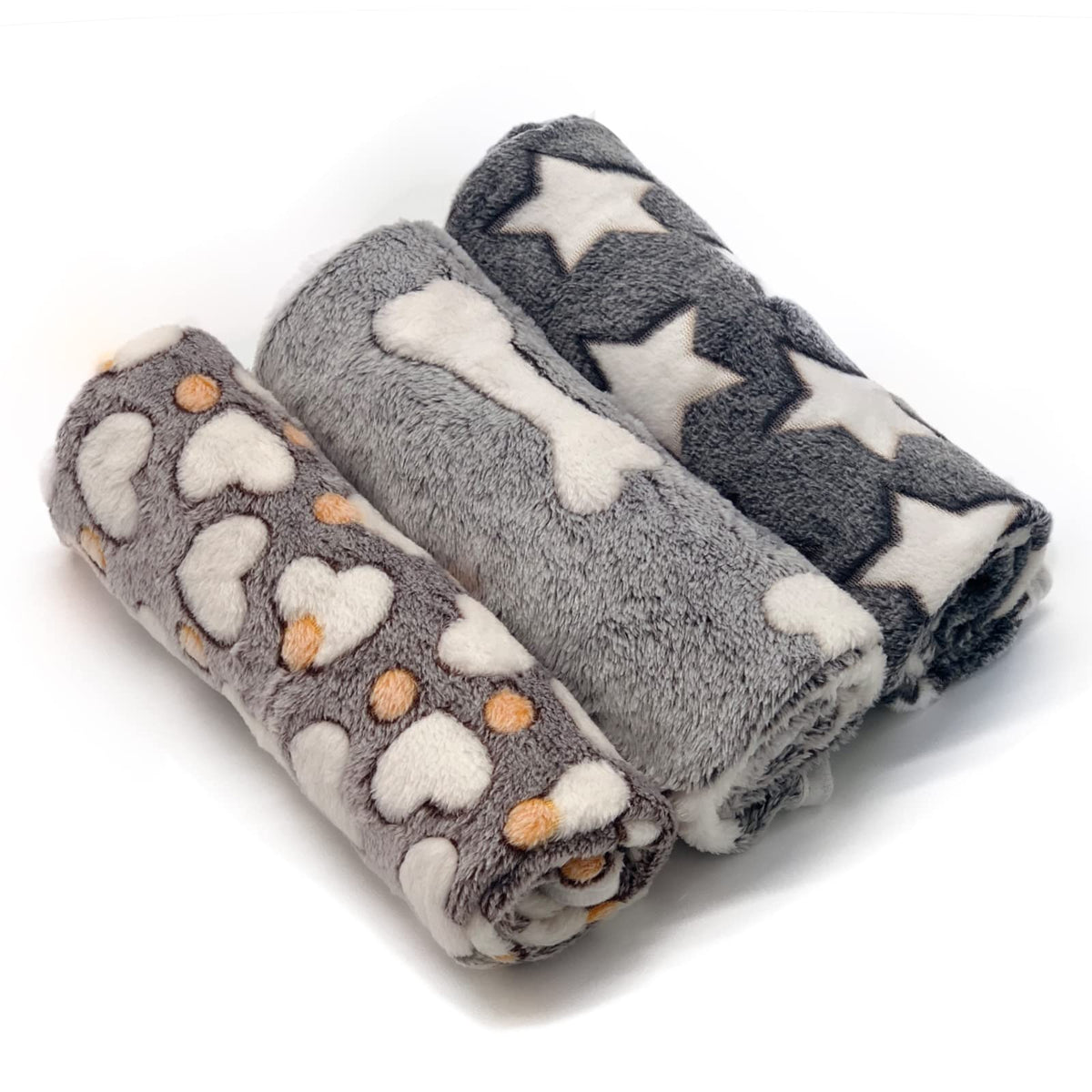 1 Pack 3 Puppy Blankets Super Soft Warm Sleep Mat Grey Cute Print Fluffy Fleece Pet Flannel Throw Dog Blankets for Small Dogs Cats,Star&Bone&Love-Medium(29"x20")