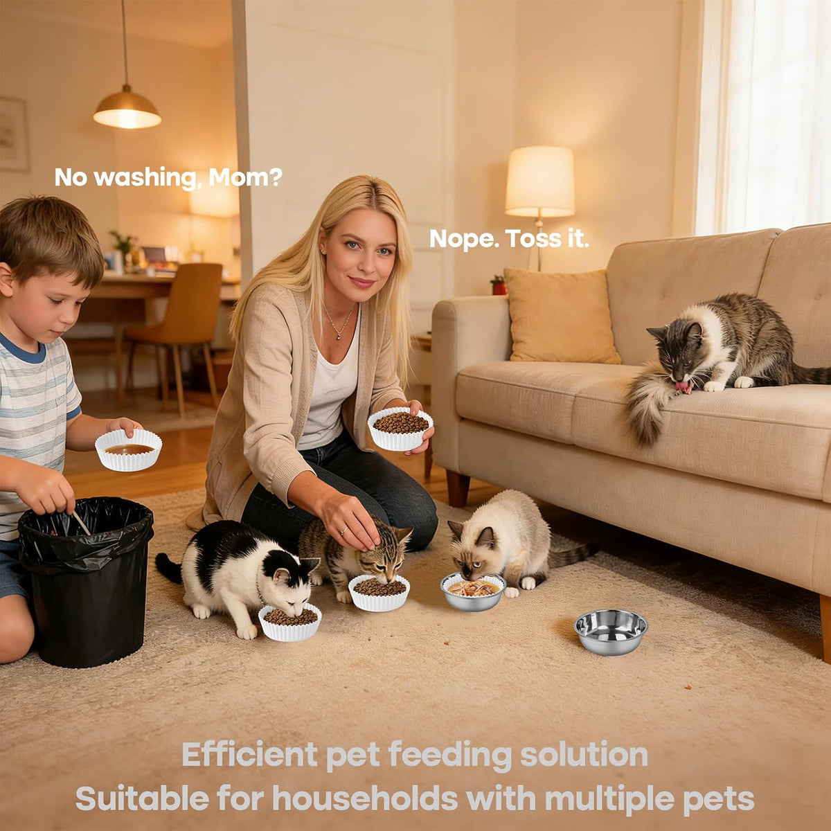Cat Bowl Set (300 Disposable Pet Bowl Liners with 2 Stainless Steel Bowls)