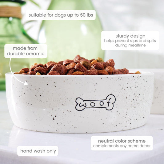 Pearhead Ceramic Dog Bowl - Woof Speckled Pet Food & Water Dish, 20 oz