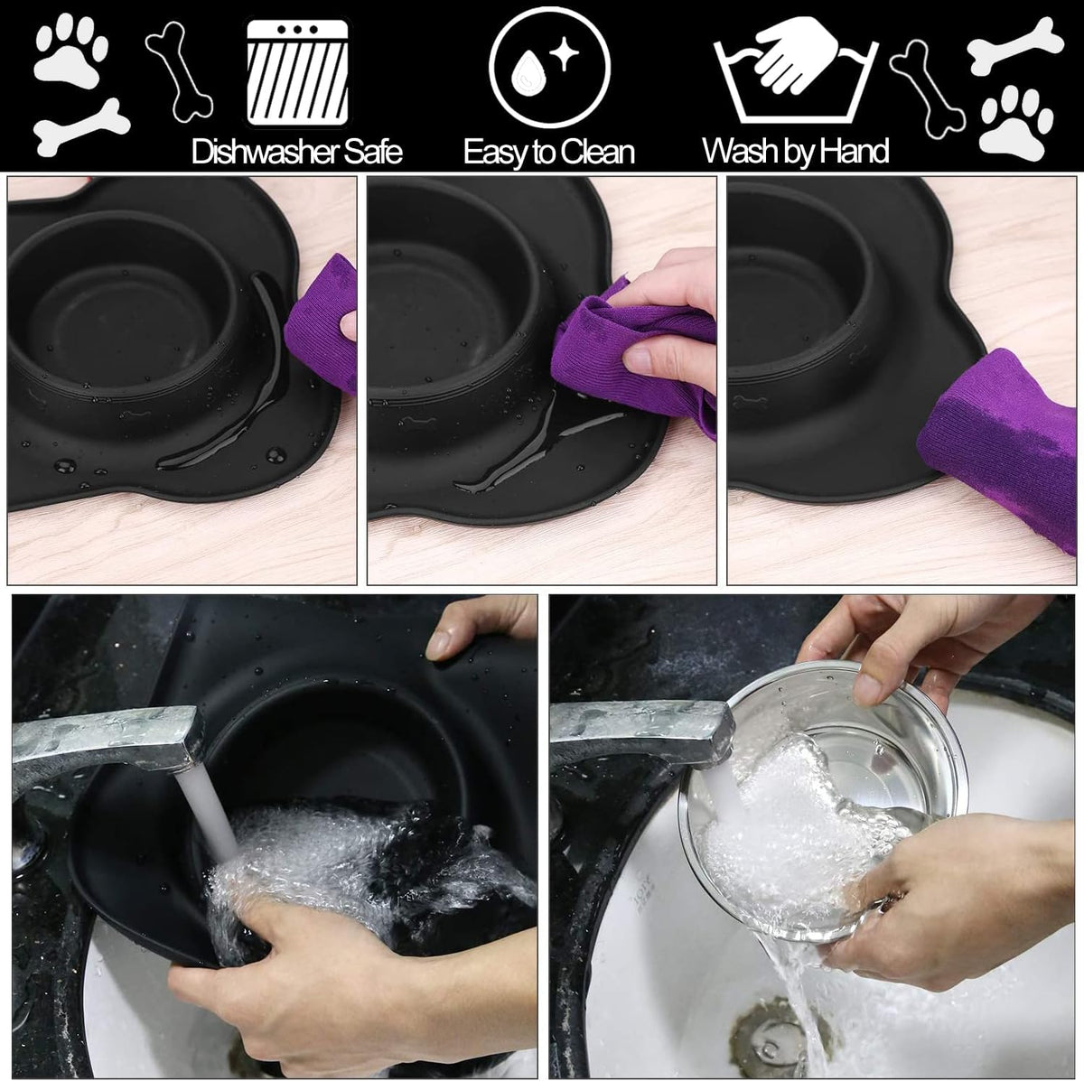 AsFrost Dog Food Bowls Stainless Steel & Water Dish with No-Spill and Non-Skid, Feeder Bowls with Dog Food Dish for Small Medium Large Size,Dogs,Cats,Puppy Pets, Black, 12oz